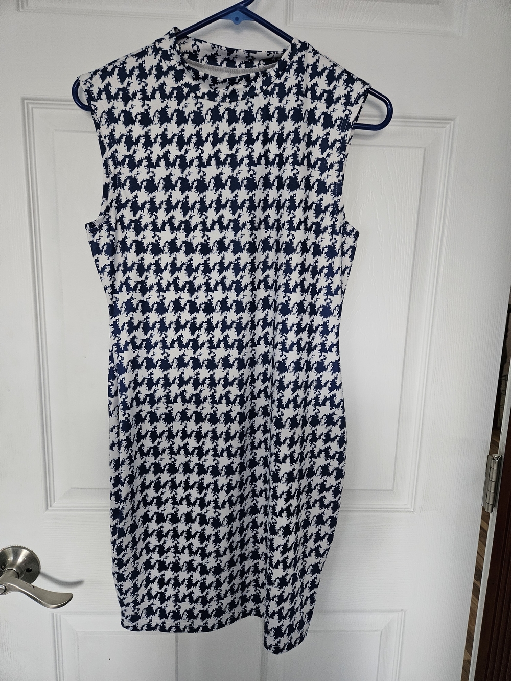 Sleeveless Navy and White Houndstooth Sheath Dress